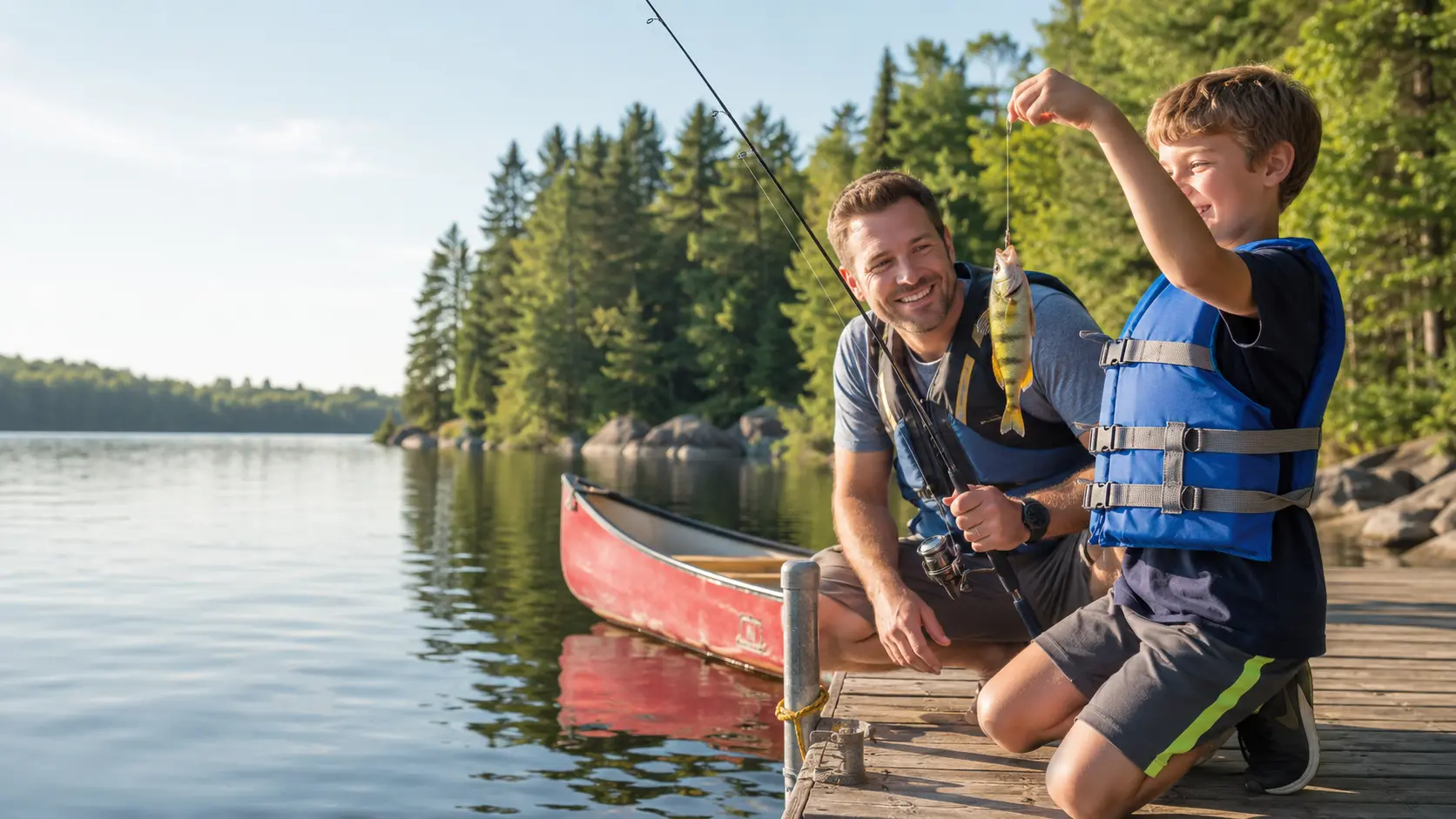 Parent and child wearing life jackets while fishing for yellow perch from an Ontario dock
