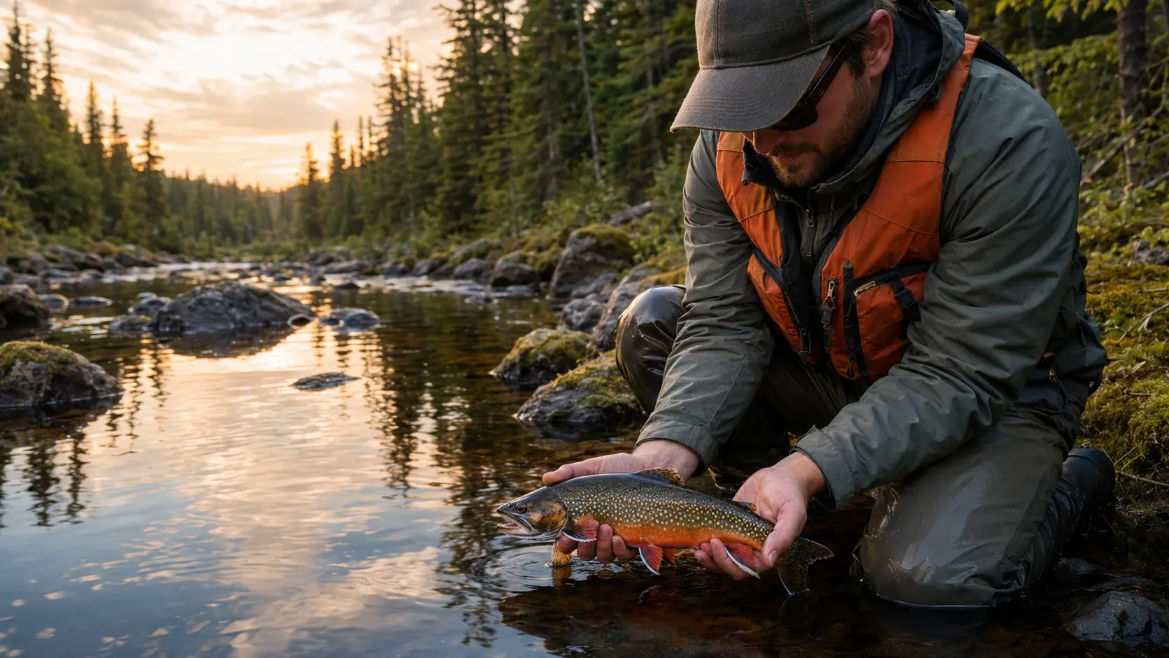 Angler holding a colourful brook trout beside a remote northern Ontario stream