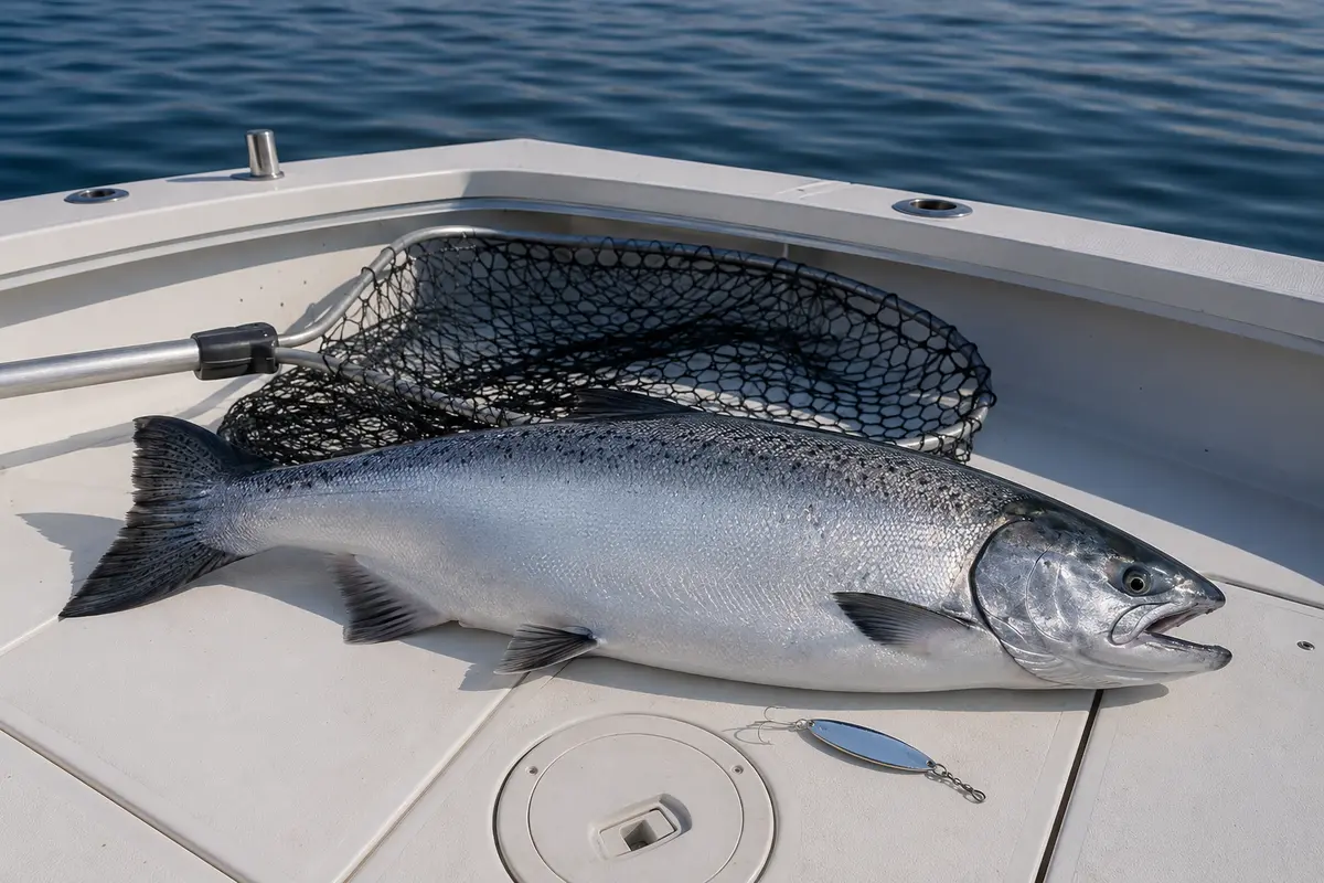 Large silver Chinook salmon beside a rubber landing net on a Great Lakes fishing boat
