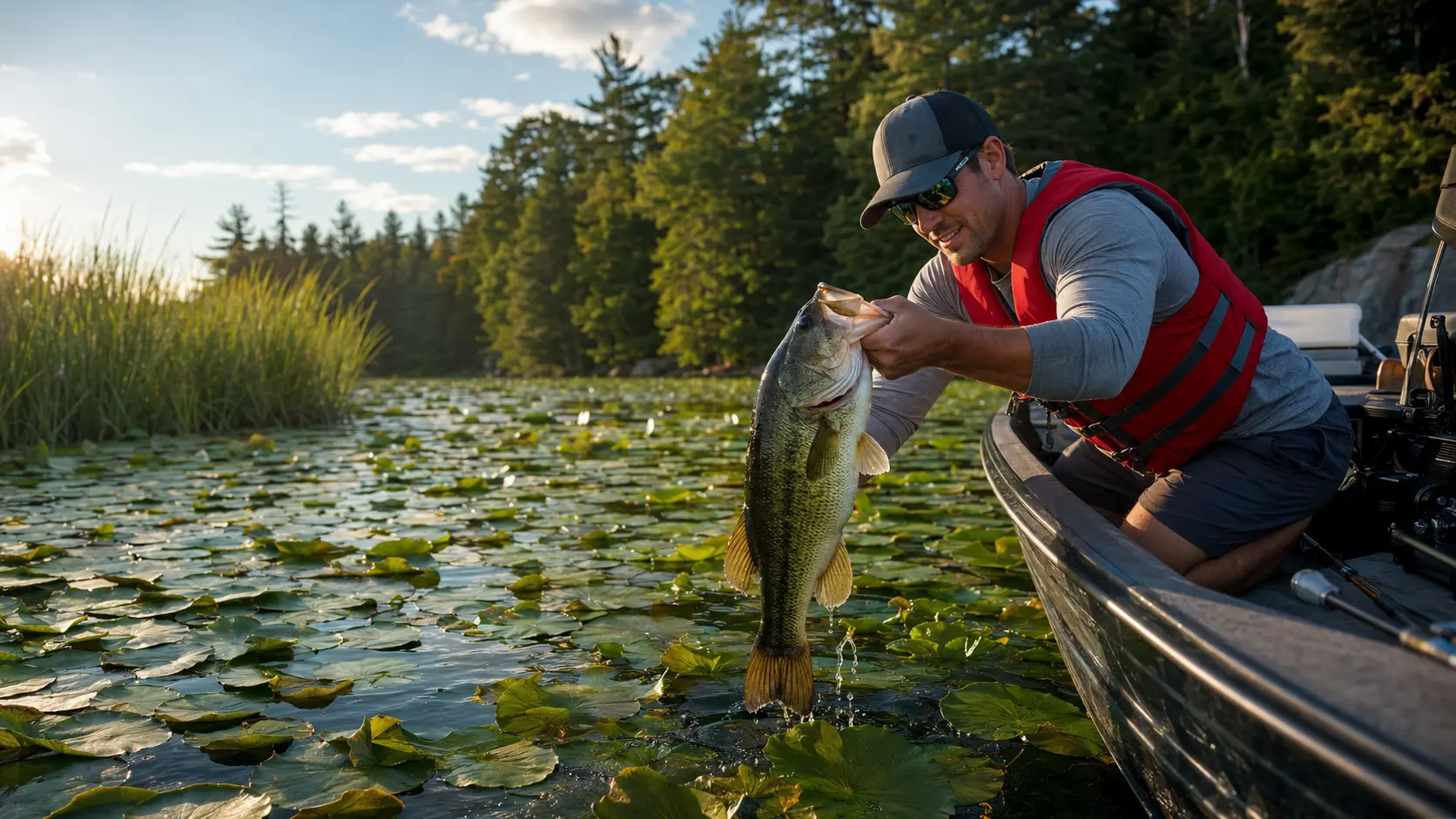 Angler holding a trophy largemouth bass over lily pads in Ontario
