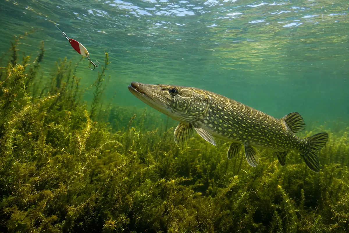 Northern pike swimming toward a red and white spoon over weeds