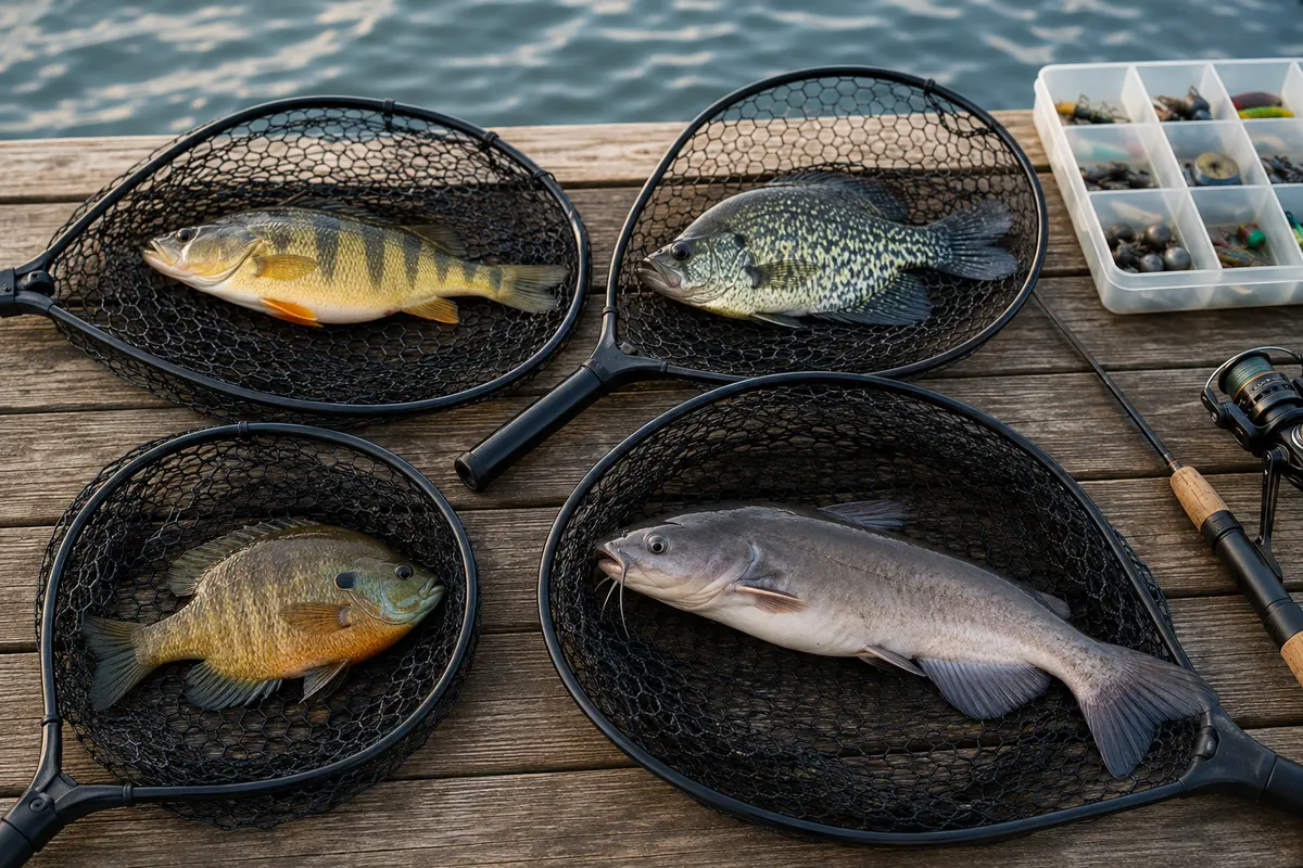 Yellow perch, crappie, sunfish and channel catfish shown in separate rubber nets