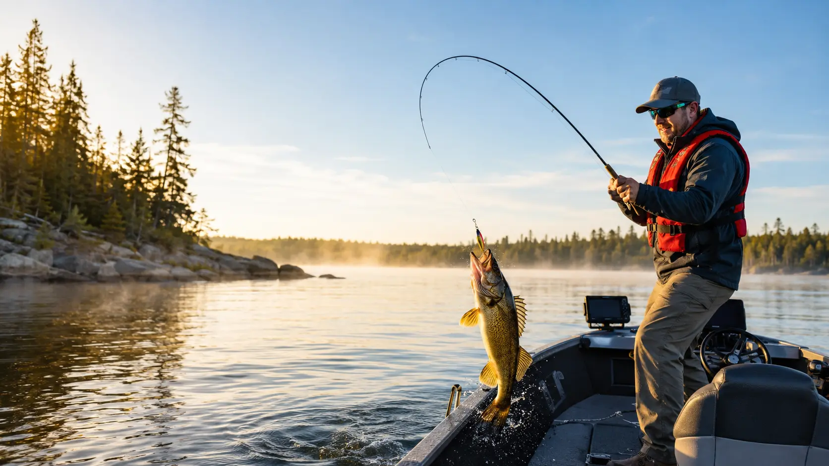 Angler in a red life jacket fighting a walleye on a northern Ontario lake at sunrise