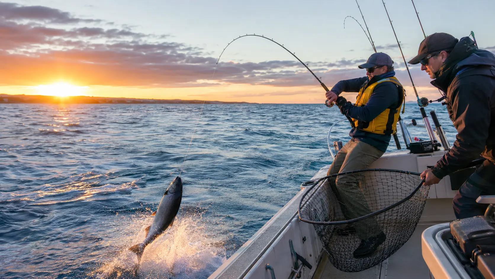 Great Lakes anglers in life jackets fighting and netting a Chinook salmon at sunrise