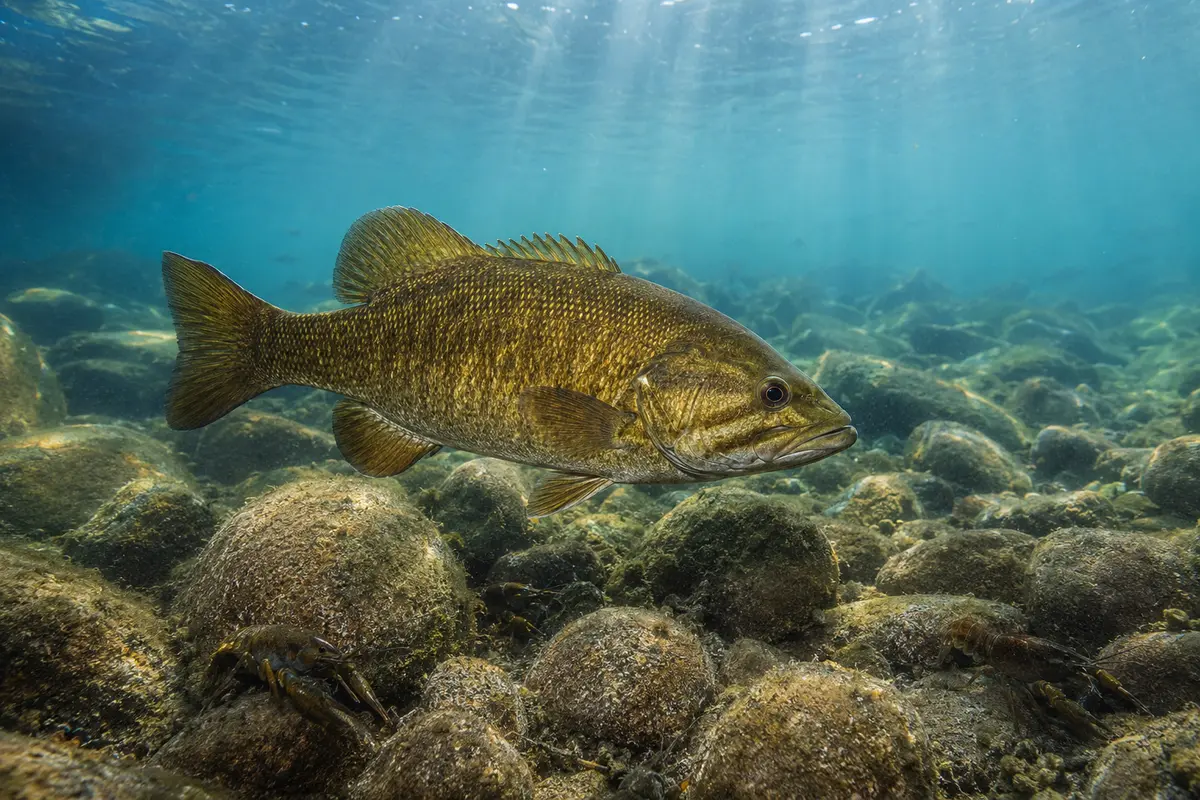 Smallmouth bass swimming over boulders and crayfish habitat in clear water